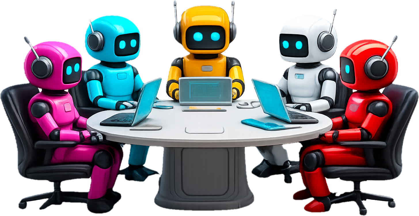 Five colorful robots sitting around a conference table